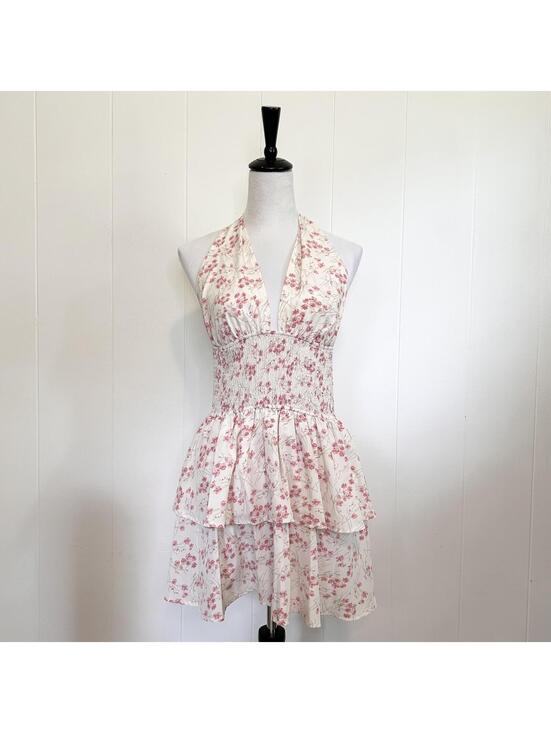 Dresses & Skirts - Unbranded Pink Daisy Floral Smocked Ruffle Halter Mini Dress Women's Small